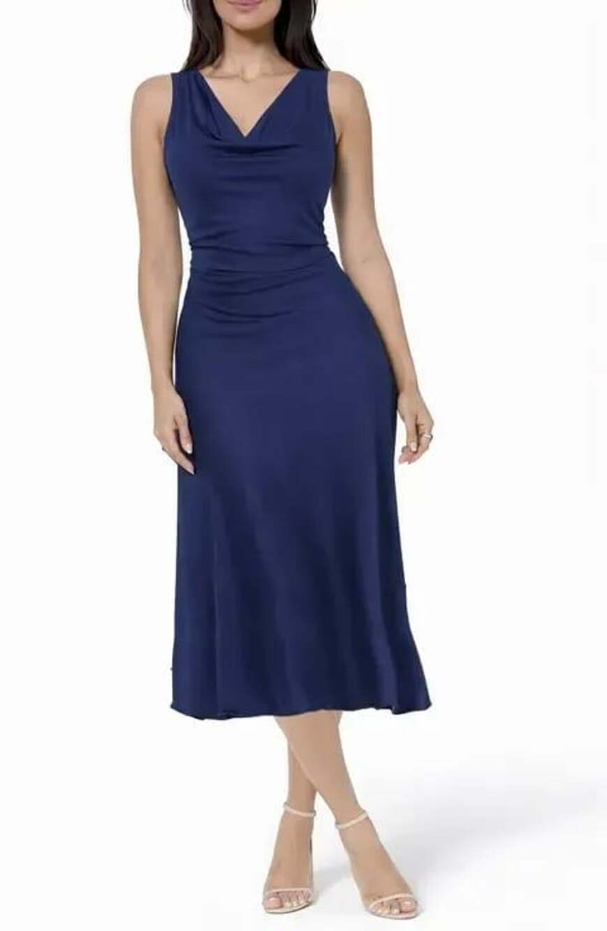 LAUREN RALPH LAUREN Navy Blue Sleeveless Cowl Neck Midi Dress